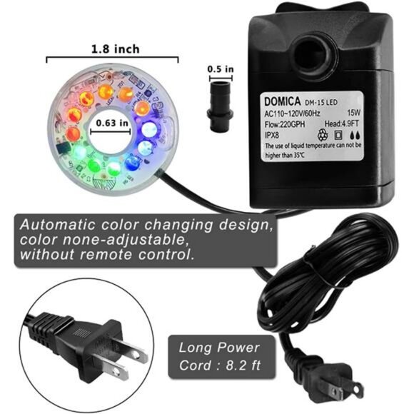 15W 220 Submersible Fountain Pump LED Light, Ultra Quiet Adjustable Water Pump - Picture 4 of 7